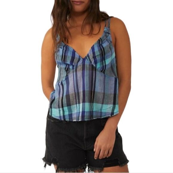 NWT Free People We  The Free Plaid Crop Cami Top M - Picture 1 of 6